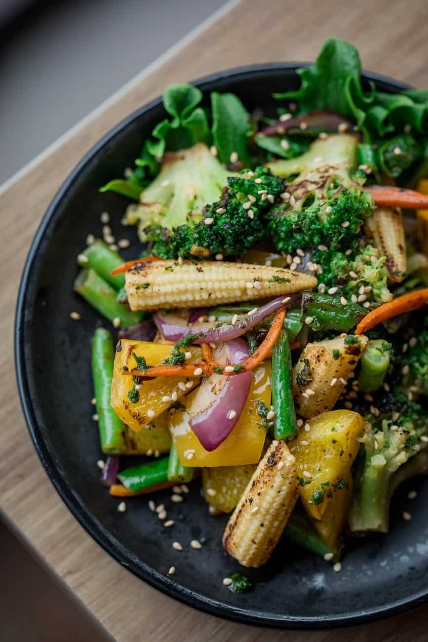 colourful salad of cooked vegetables